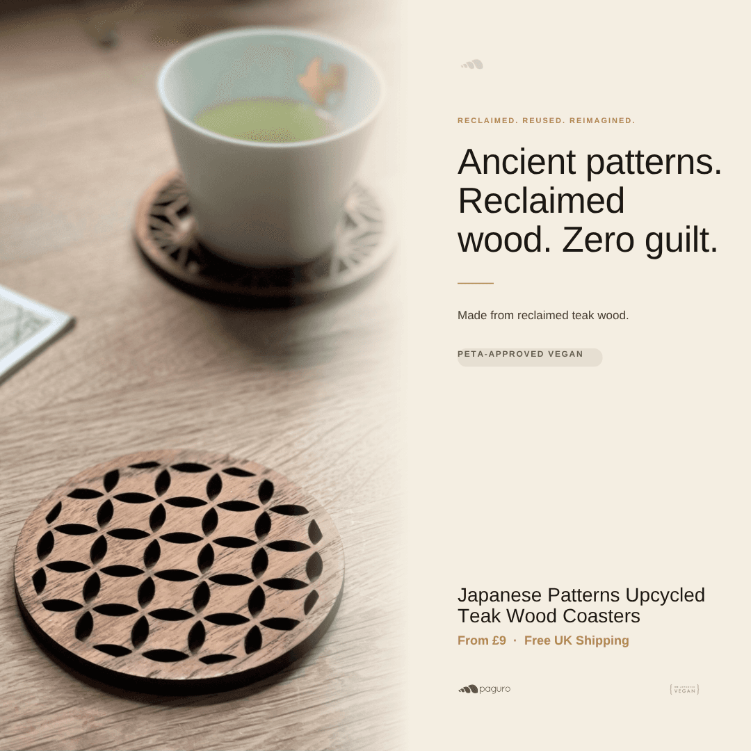 Japanese Patterns Upcycled Teak Wood Coasters - Individual / Set of 4