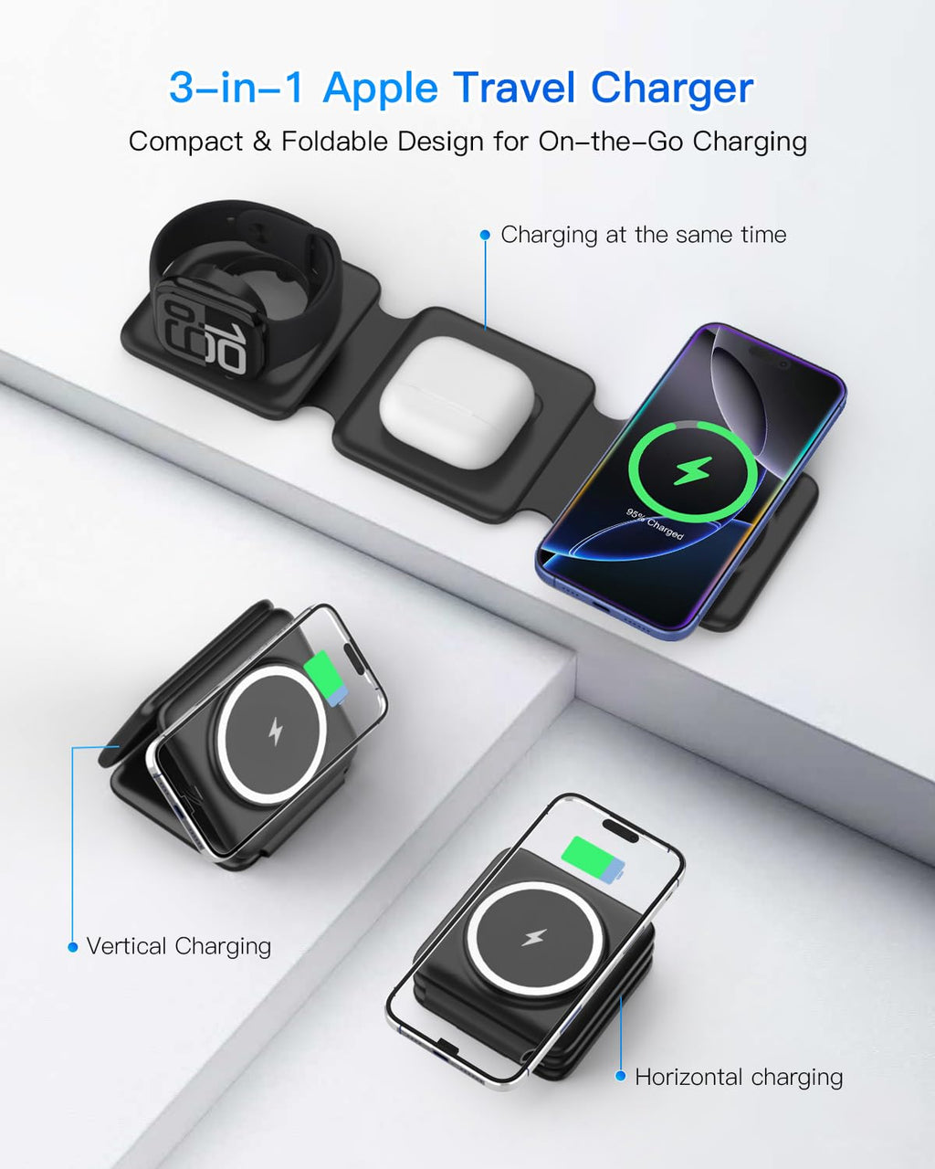 Charging Station for Apple Multiple Devices: 3 in 1 Foldable Magnetic Wireless Charger Stand - Travel Charging Dock Compatible with iPhone 17 16 15 14 13 12 Pro Max Plus Apple Watch AirPods