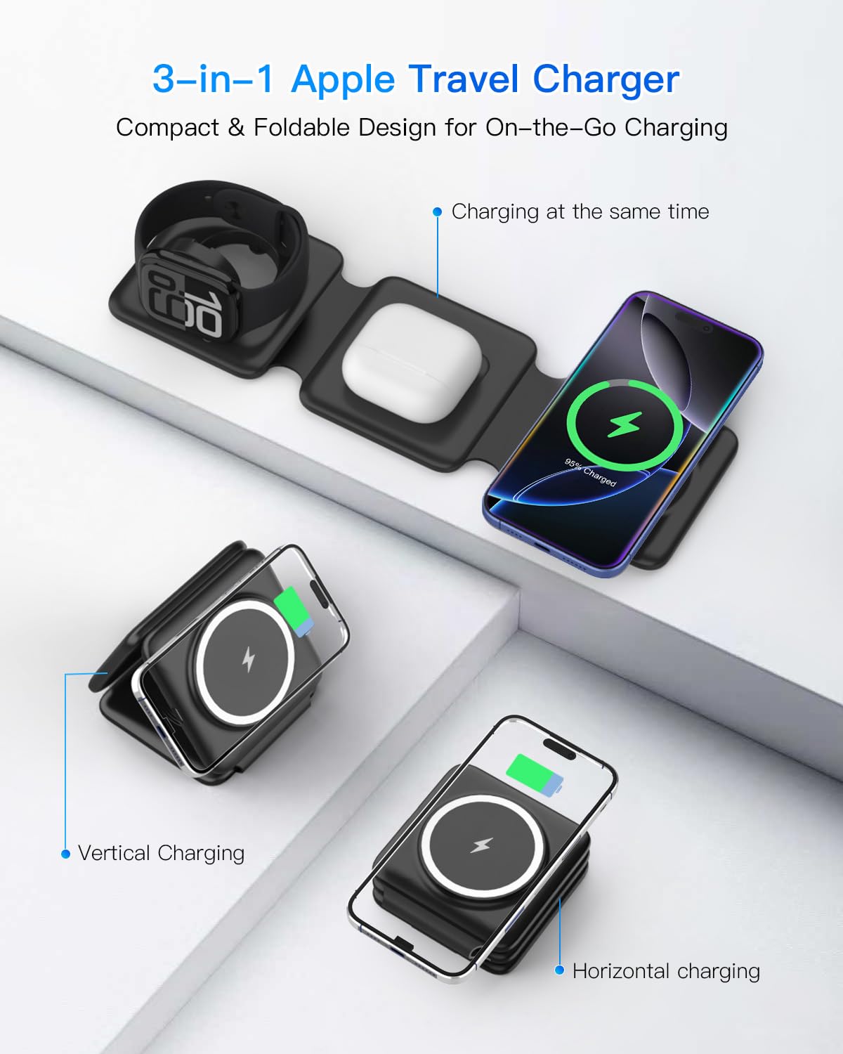 Charging Station for Apple Multiple Devices: 3 in 1 Foldable Magnetic Wireless Charger Stand - Travel Charging Dock Compatible with iPhone 17 16 15 14 13 12 Pro Max Plus Apple Watch AirPods