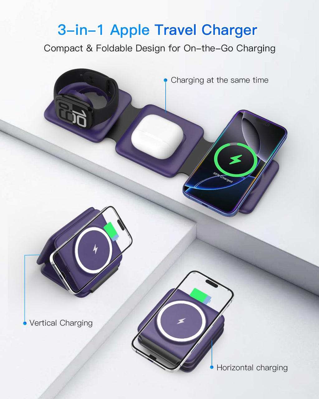 Charging Station for Apple Multiple Devices: 3 in 1 Foldable Magnetic Wireless Charger Stand - Travel Charging Dock Compatible with iPhone 17 16 15 14 13 12 Pro Max Plus Apple Watch AirPods