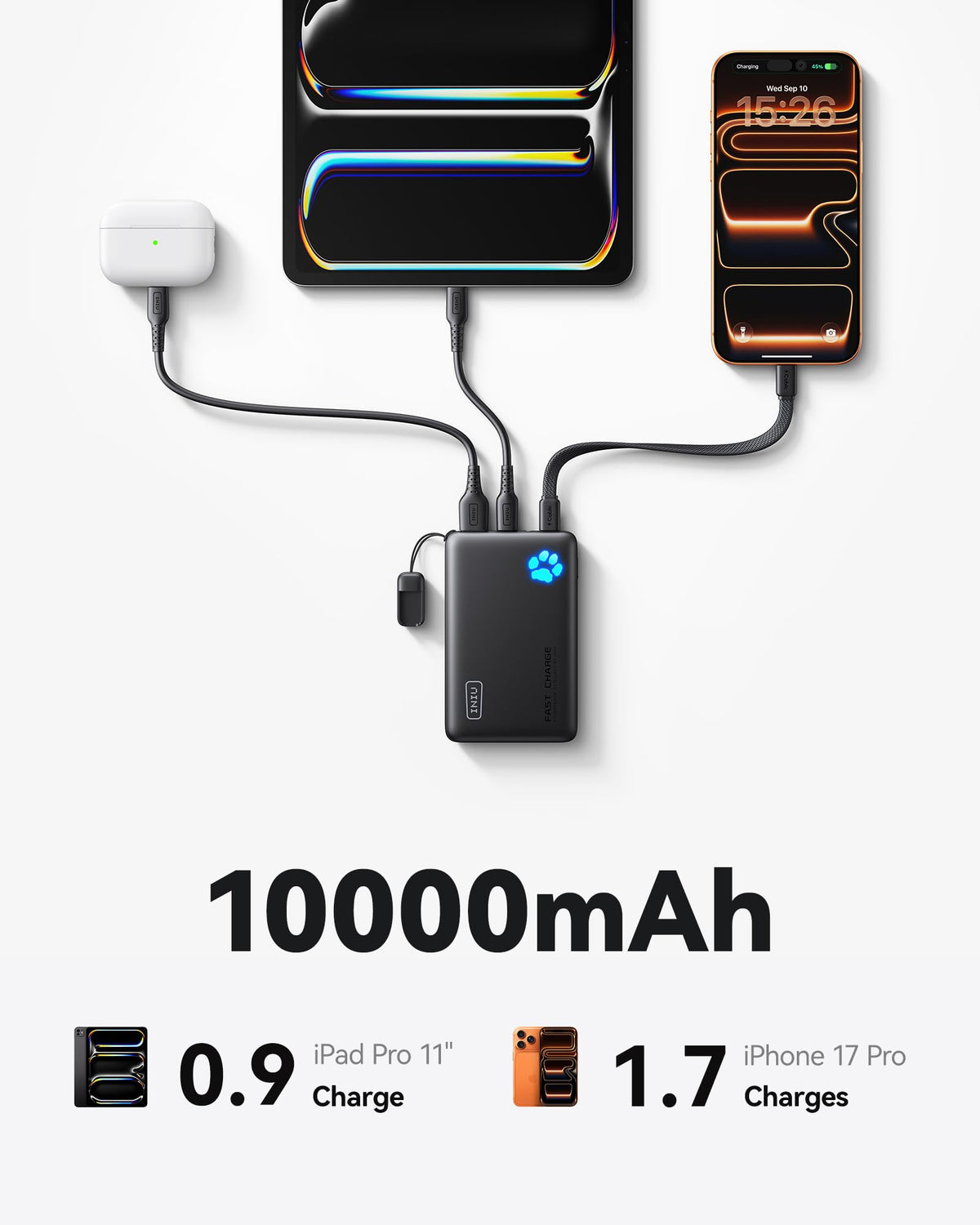 INIU 10000mAh 45W Fast Charging Portable Charger, Smaller Travel Power Bank