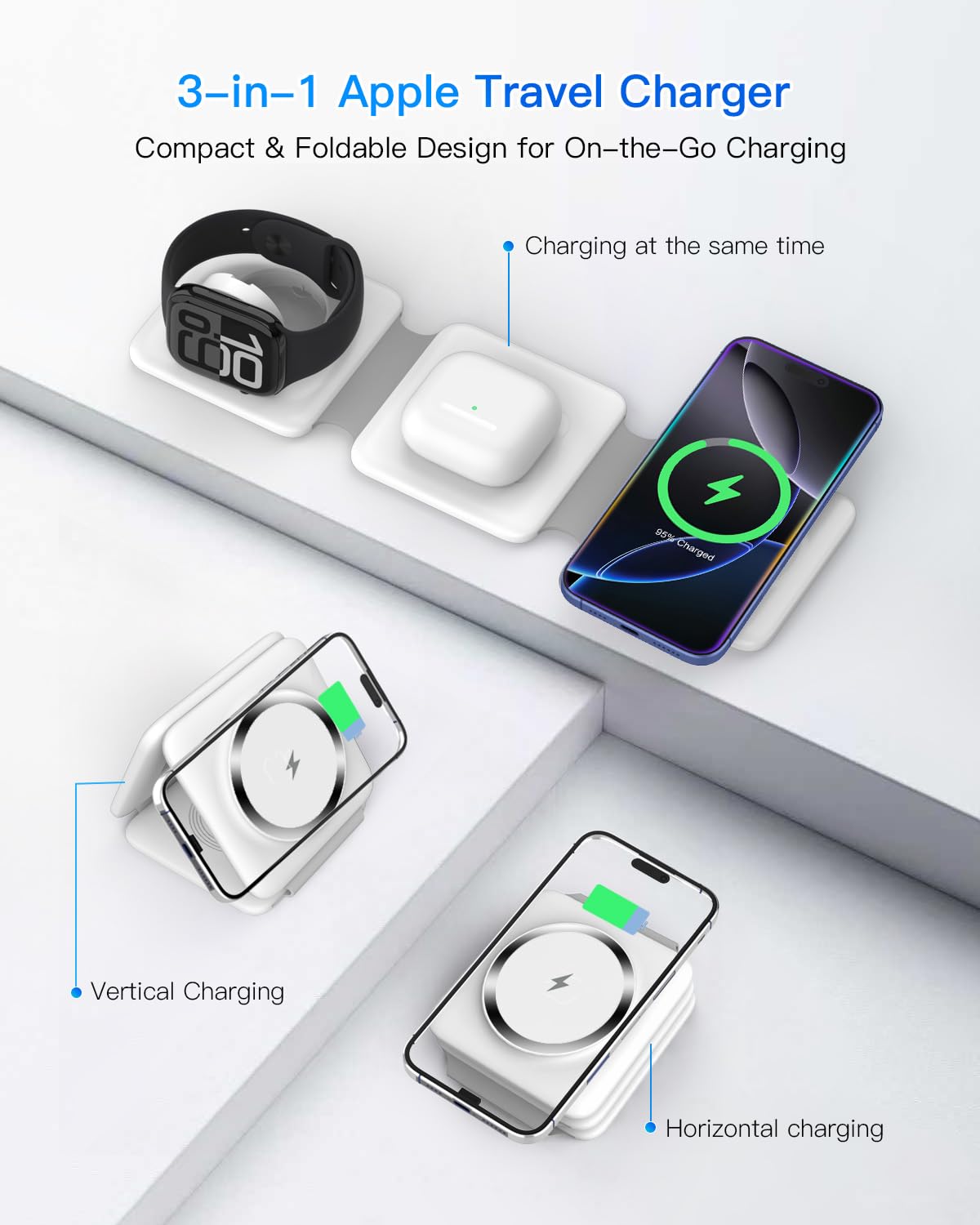 Charging Station for Apple Multiple Devices: 3 in 1 Foldable Magnetic Wireless Charger Stand - Travel Charging Dock Compatible with iPhone 17 16 15 14 13 12 Pro Max Plus Apple Watch AirPods