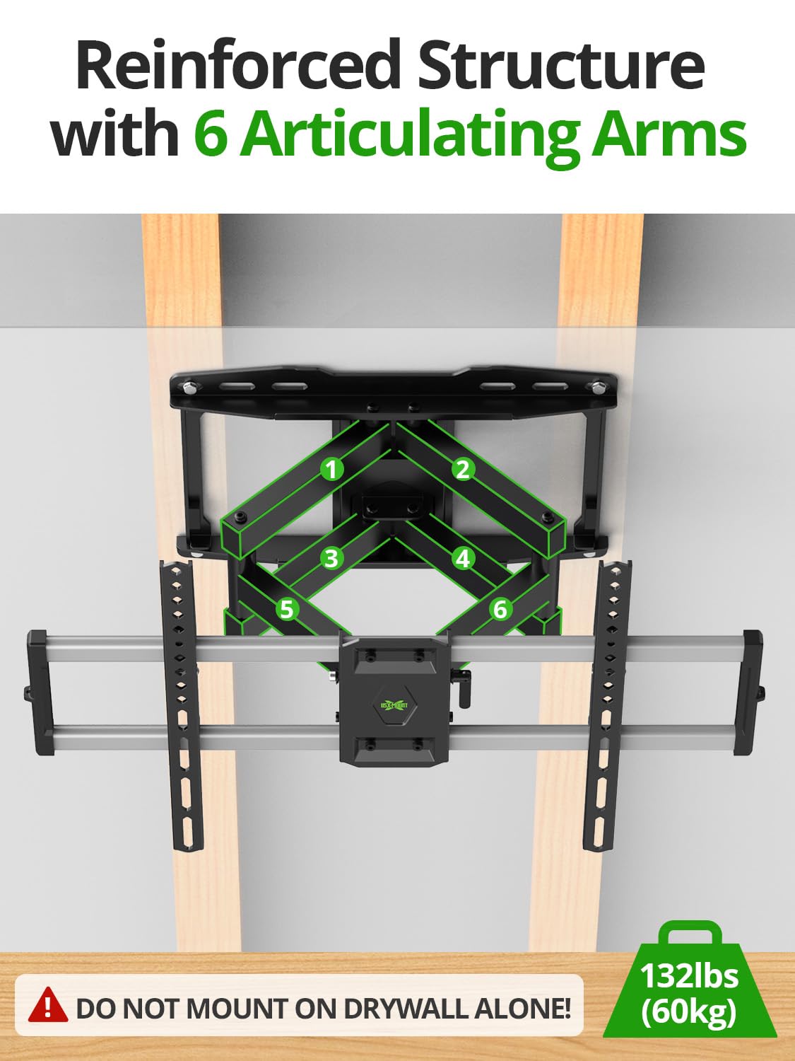 USX Mount Full Motion TV Wall Mount 42"-84" TVS, Fits 16" 18" or 24" Studs, Heavy Duty TV Mounts Bracket with Dual Articulating Arms Tilt Swivel Extension Max VESA 600x400mm, Weight Capacity 110lbs