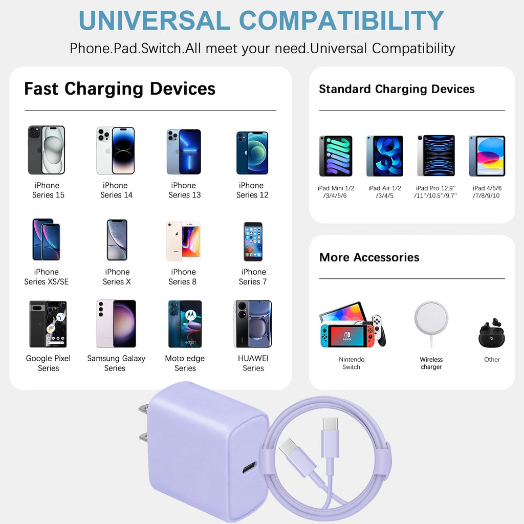 10FT iPhone 18 17 16 15 Charger Fast Charging USB C Charger Block