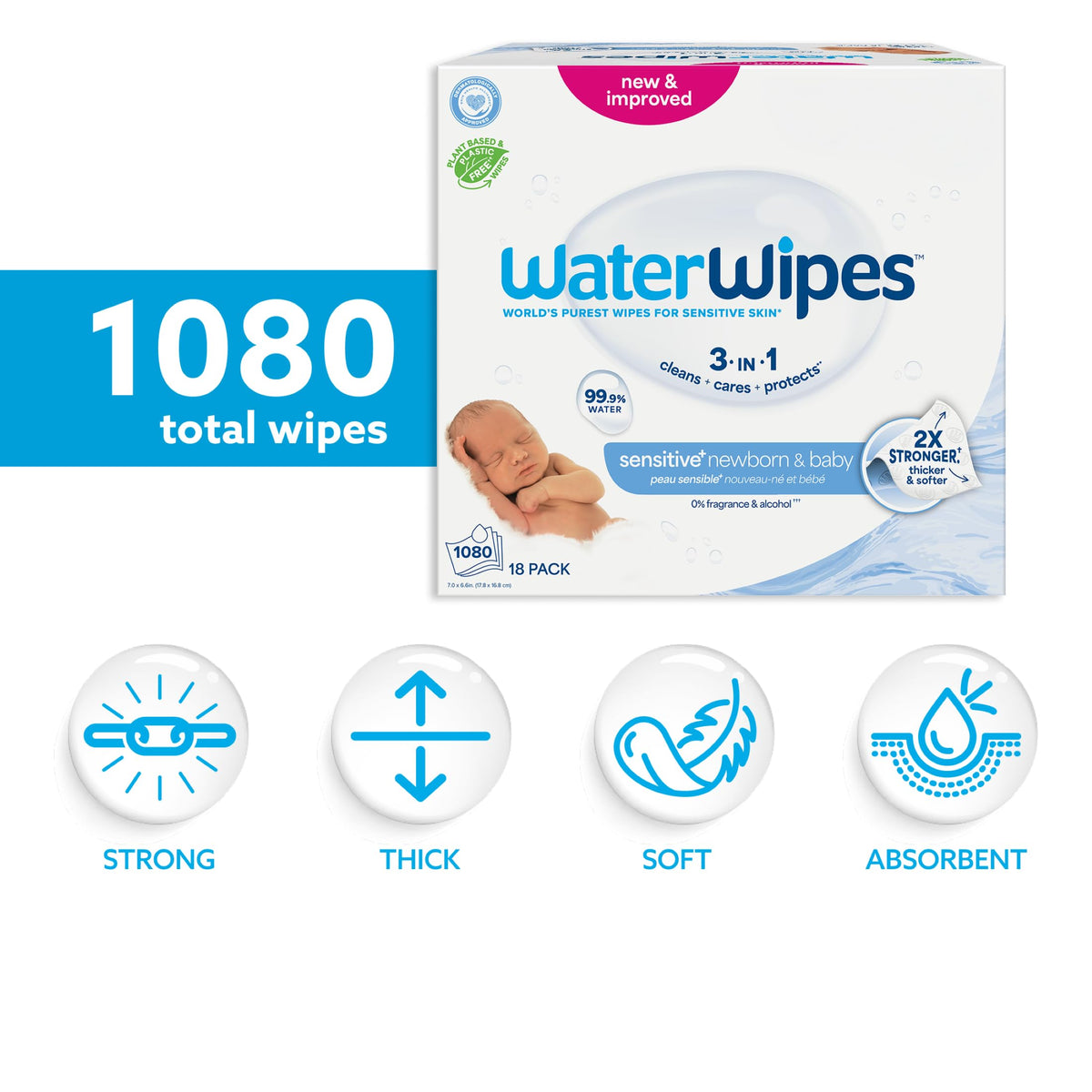WaterWipes Sensitive+ Newborn & Baby Wipes, 99.9% Water, Unscented, 12 Pack