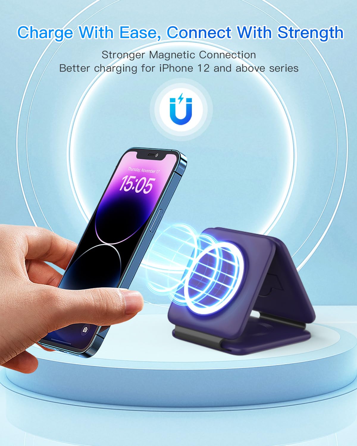 Charging Station for Apple Multiple Devices: 3 in 1 Foldable Magnetic Wireless Charger Stand - Travel Charging Dock Compatible with iPhone 17 16 15 14 13 12 Pro Max Plus Apple Watch AirPods