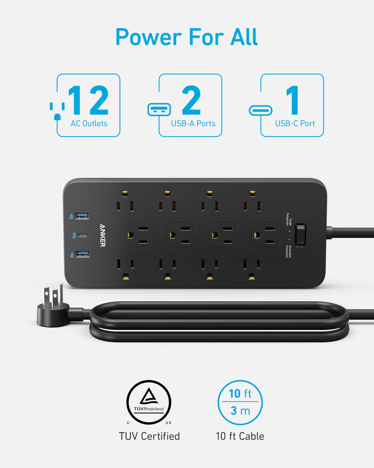 Anker Power Strip with 2100J Surge Protector, Outlet Extender, 20W, 12 AC