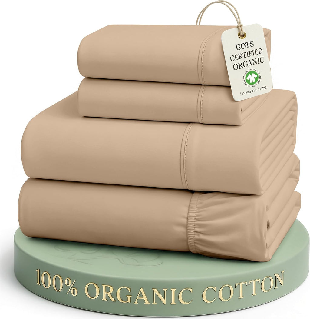 LANE LINEN 100% Organic Cotton Queen Sheet Set, 4Pc Cotton Sheets Queen Size Bed Set, Soft & Breathable Percale Weave, Deep Pocket Queen Sheets, Hotel-Quality Bed Sheets Queen Size - Mineral