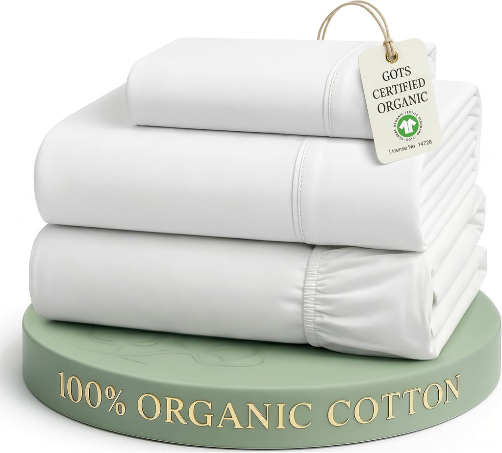 LANE LINEN 100% Organic Cotton Queen Sheet Set, 4Pc Cotton Sheets Queen Size Bed Set, Soft & Breathable Percale Weave, Deep Pocket Queen Sheets, Hotel-Quality Bed Sheets Queen Size - Mineral