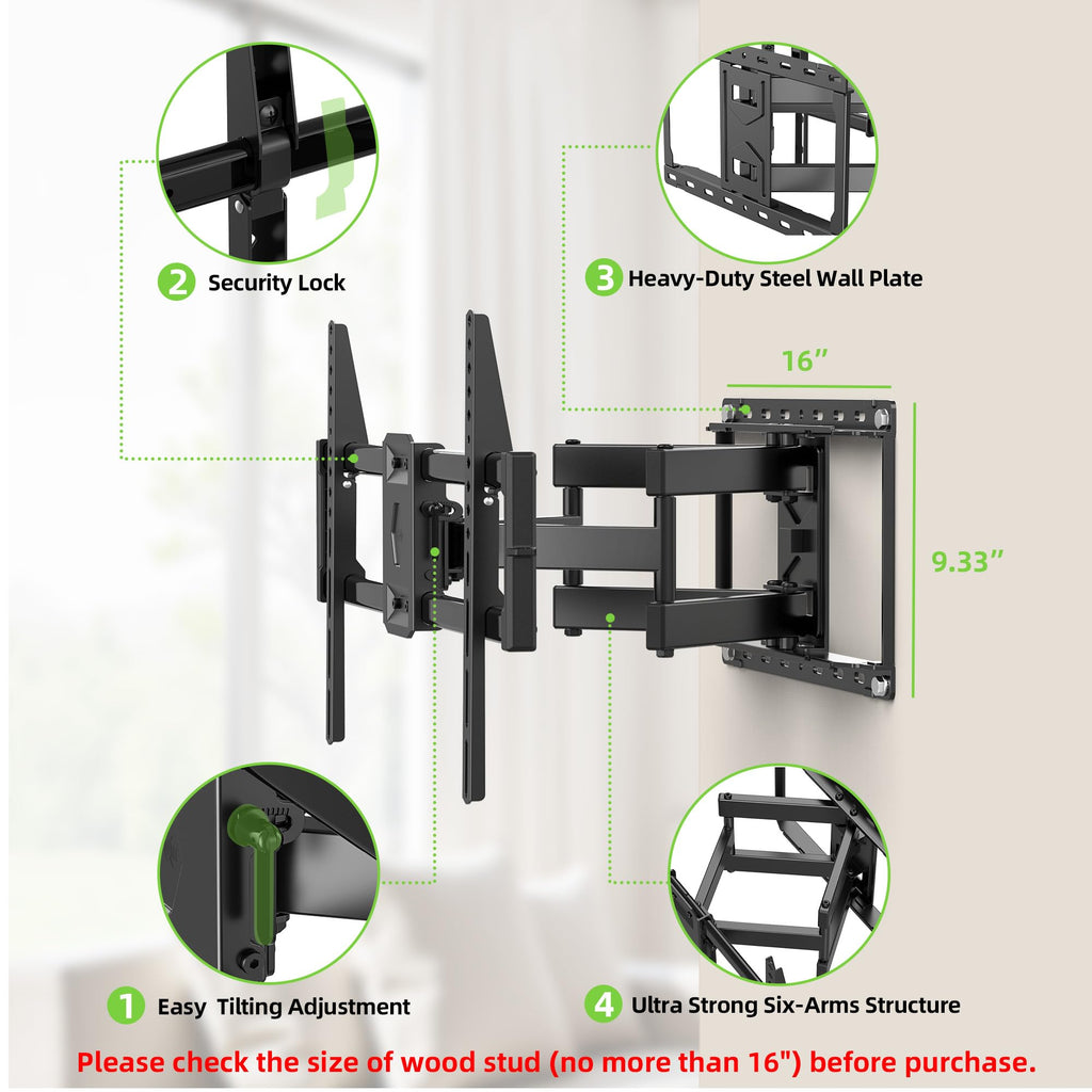 USX Mount Full Motion TV Wall Mount 42"-84" TVS, Fits 16" 18" or 24" Studs, Heavy Duty TV Mounts Bracket with Dual Articulating Arms Tilt Swivel Extension Max VESA 600x400mm, Weight Capacity 110lbs