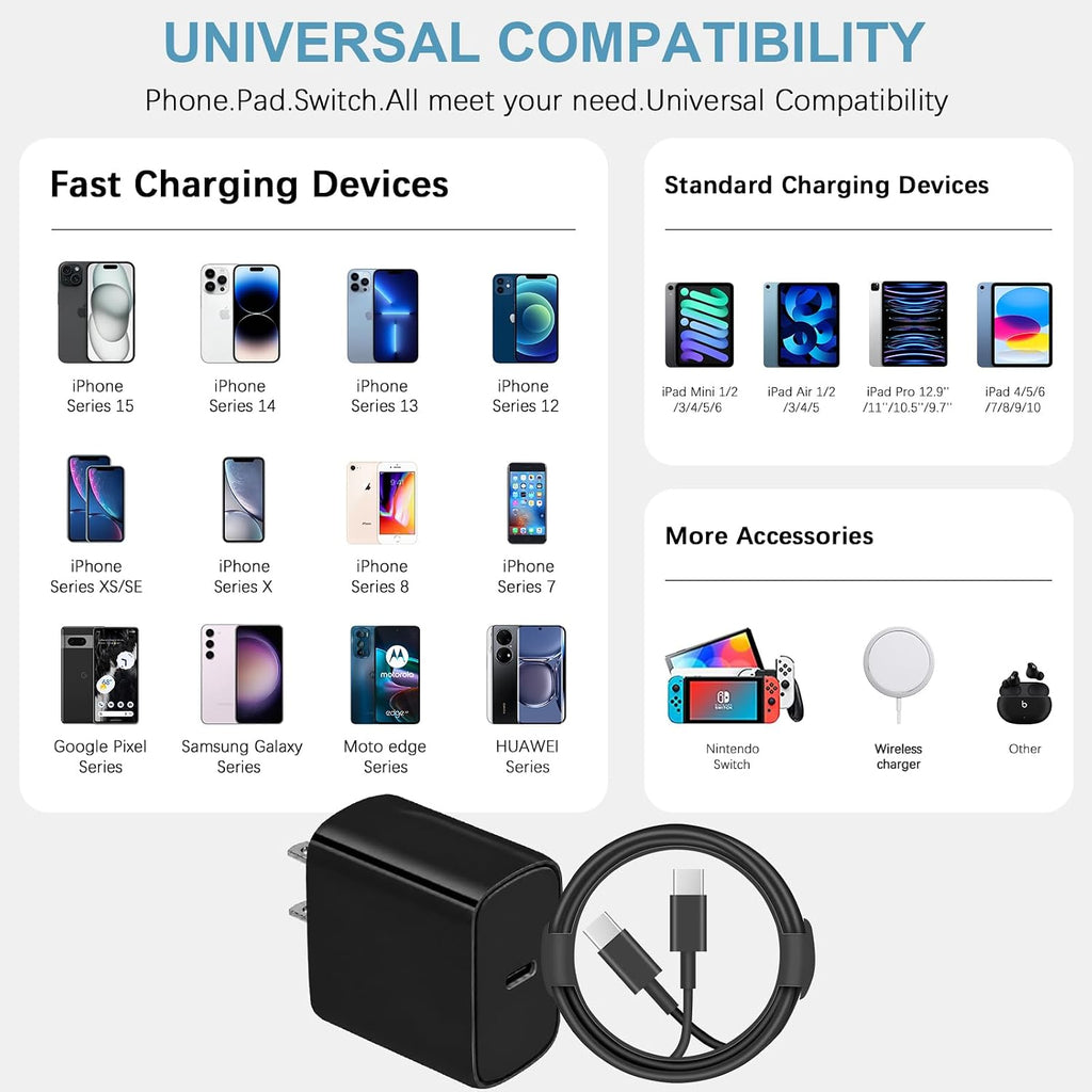 10FT iPhone 18 17 16 15 Charger Fast Charging USB C Charger Block
