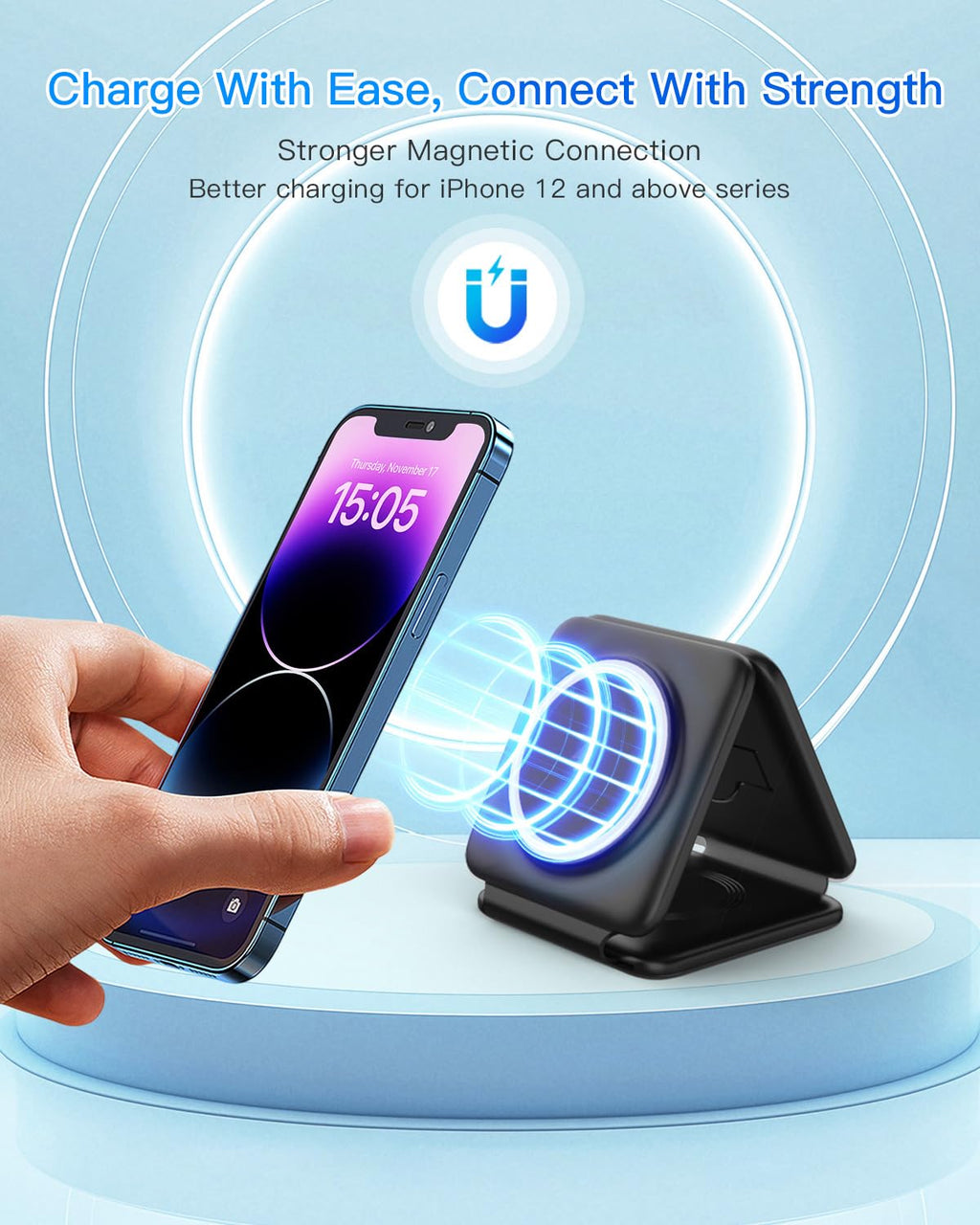 Charging Station for Apple Multiple Devices: 3 in 1 Foldable Magnetic Wireless Charger Stand - Travel Charging Dock Compatible with iPhone 17 16 15 14 13 12 Pro Max Plus Apple Watch AirPods