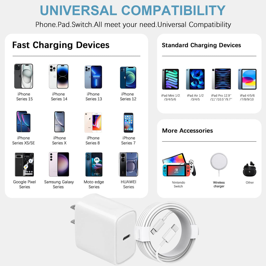 10FT iPhone 18 17 16 15 Charger Fast Charging USB C Charger Block