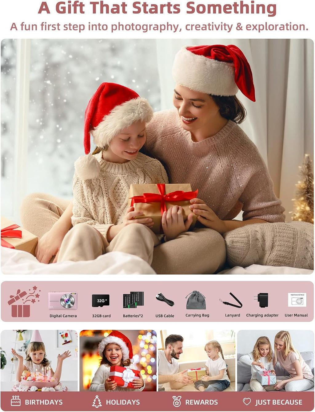 Camkory Digital Camera FHD 1080P with 32G Card 16X Zoom Easy for Kids Pink