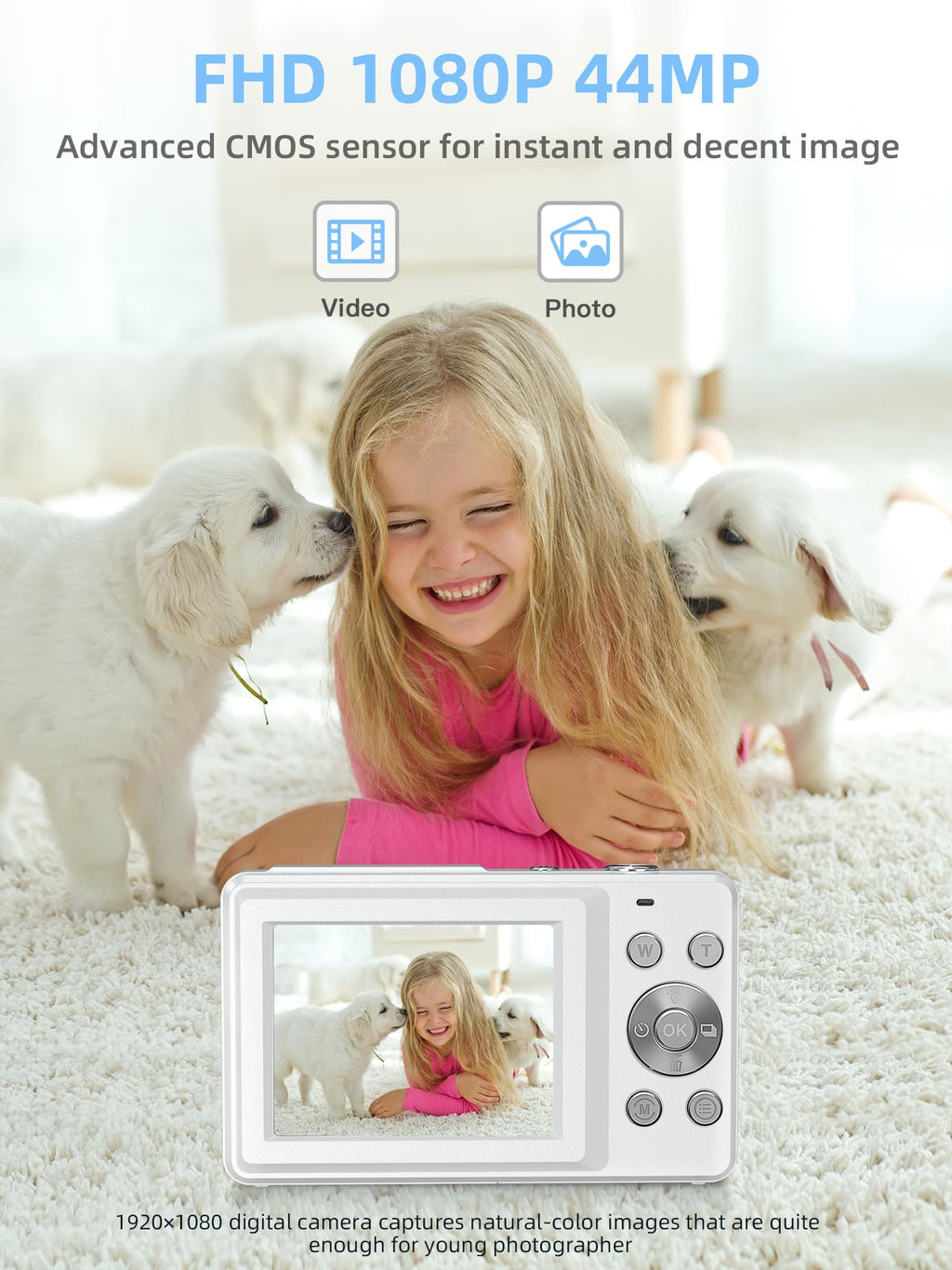 Camkory Digital Camera FHD 1080P with 32G Card 16X Zoom Easy for Kids Pink